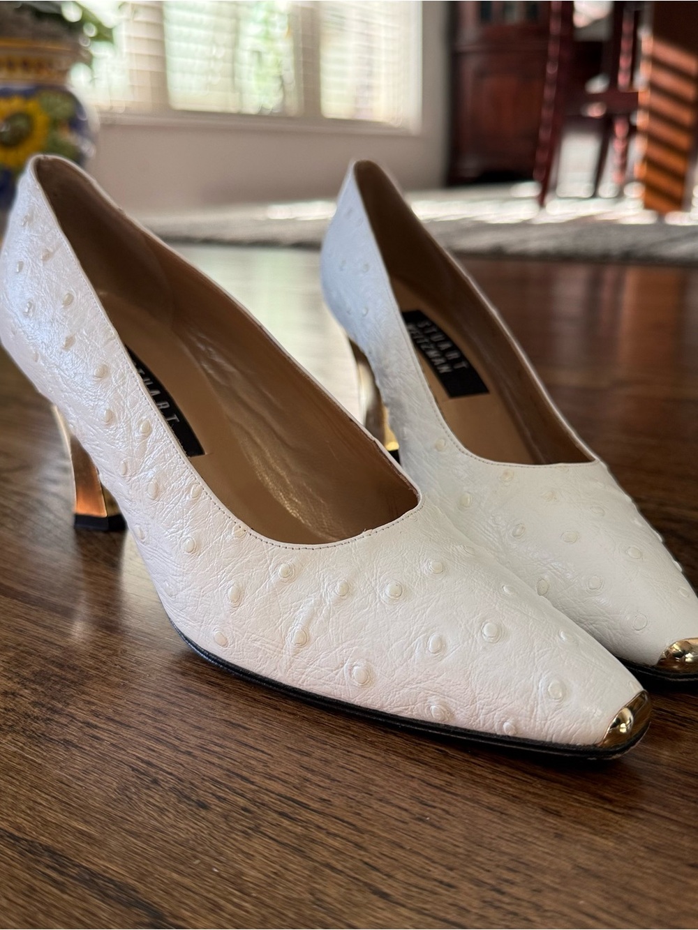 Stuart Weitzman White Textured Leather Pumps with Gold Toe Caps